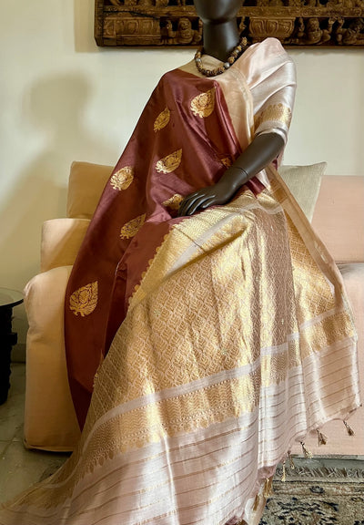 Zuri Brown & Peach Chinya Silk Sari