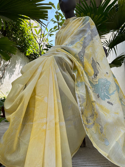 Nevada Yellow Hand Painted Cotton Saree