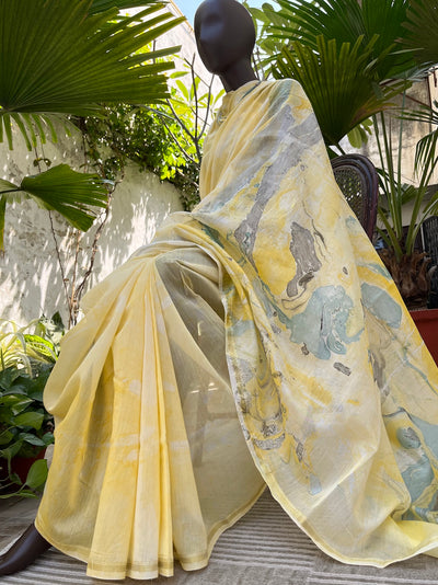Nevada Yellow Hand Painted Cotton Saree