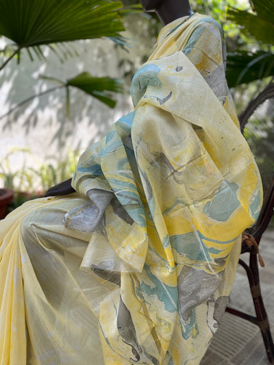 Nevada Yellow Hand Painted Cotton Saree