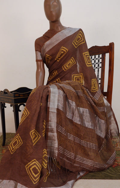 Love Tie & Dye Brown & Yellow Linen Saree