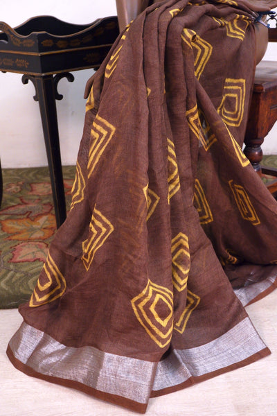 Love Tie & Dye Brown & Yellow Linen Saree