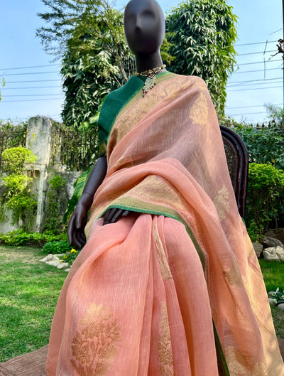 Indian Summer Peach & Green Kaduwa Linen Saree