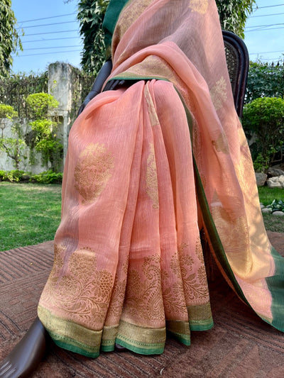 Indian Summer Peach & Green Kaduwa Linen Saree