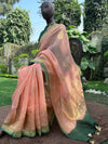 Indian Summer Peach & Green Kaduwa Linen Saree