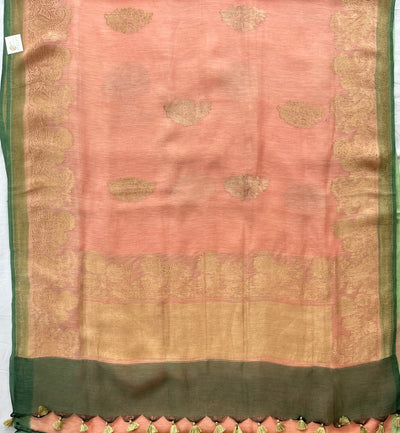 Indian Summer Peach & Green Kaduwa Linen Saree