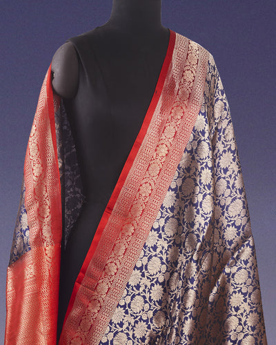 Ujjayanta Navy Blue & Red Katan Silk Saree