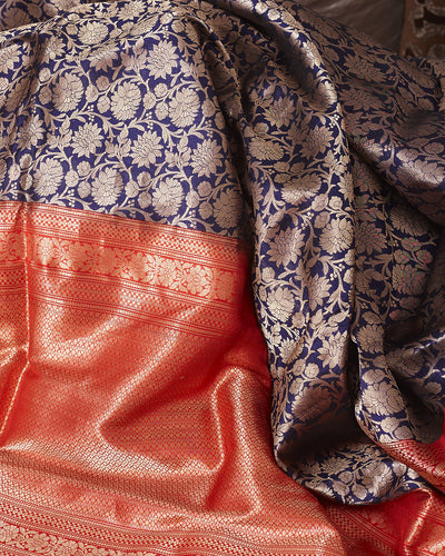 Ujjayanta Navy Blue & Red Katan Silk Saree