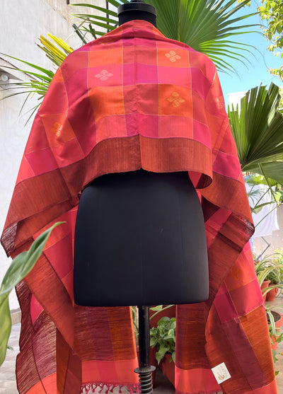 Gangaur Orange & Pink Checks Silk Dupatta