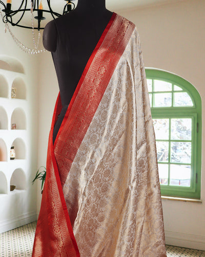 Shwetvarni White & Red Katan Silk Saree