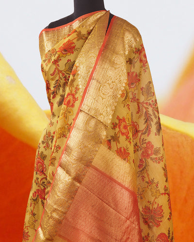 Royal Ascot Yellow Printed Tussar Silk Saree
