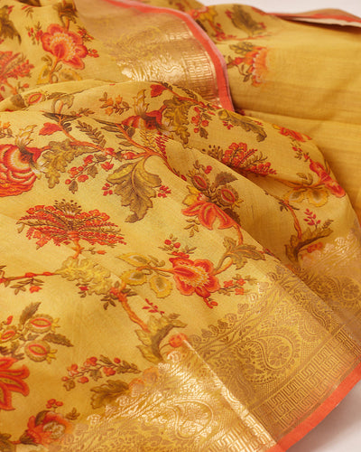 Royal Ascot Yellow Printed Tussar Silk Saree