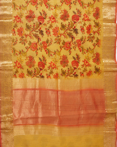 Royal Ascot Yellow Printed Tussar Silk Saree